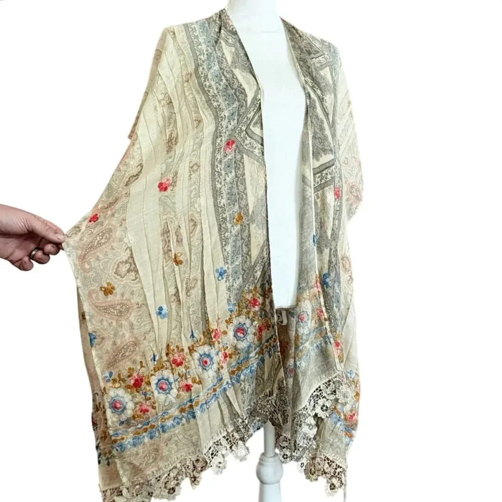 Origami boho open cardigan kimono lace embroidered coastal grandma western OS - Picture 5 of 14
